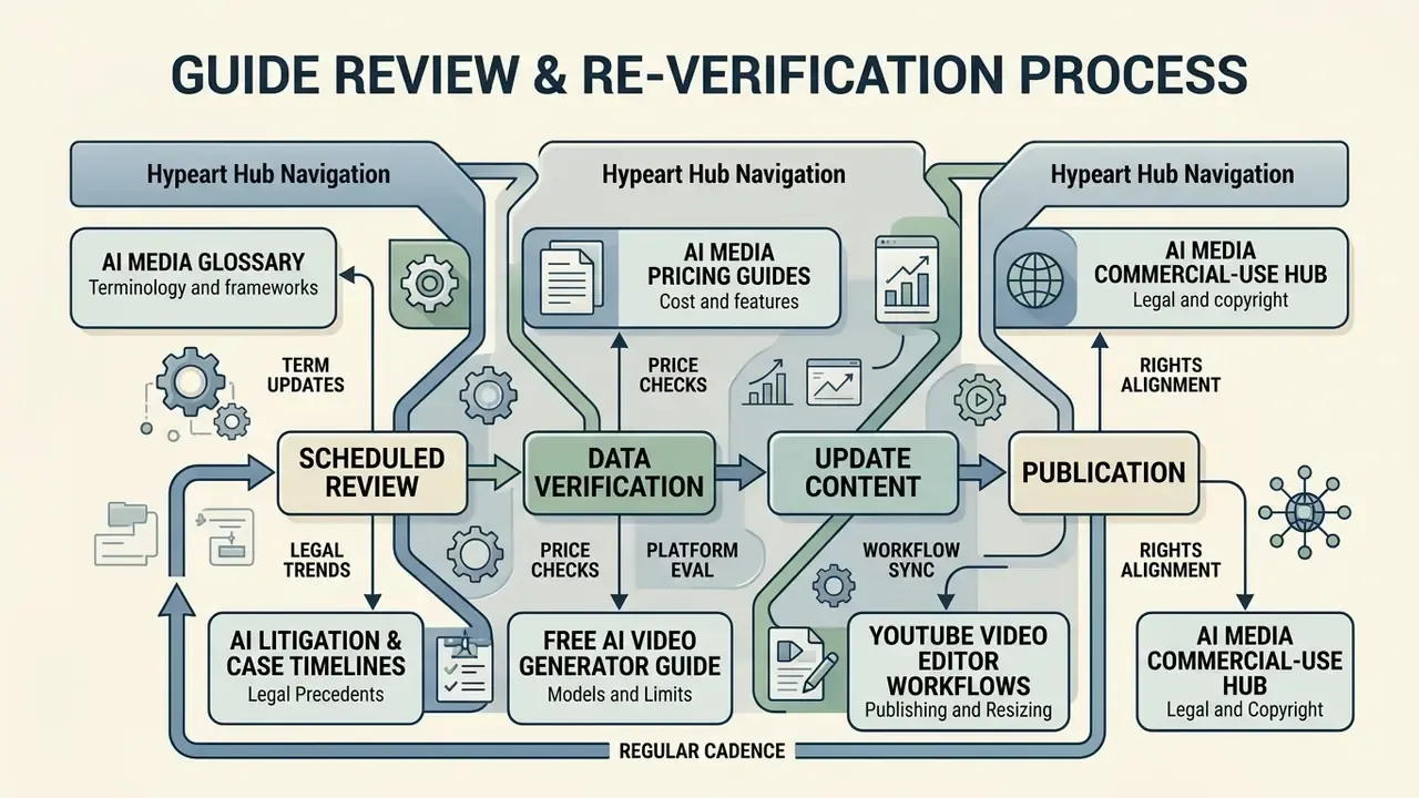 Flowchart depicting a multi-stage process for reviewing and verifying AI media guides and hub content