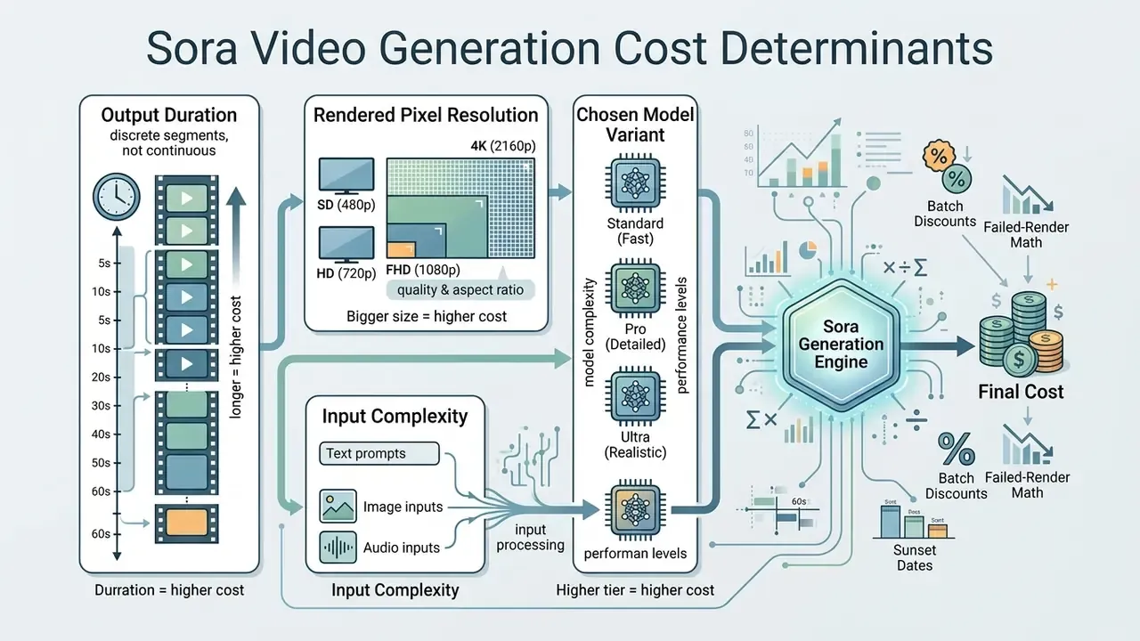 Flowchart showing how video length, resolution, inputs, and model variants impact final generation expenses