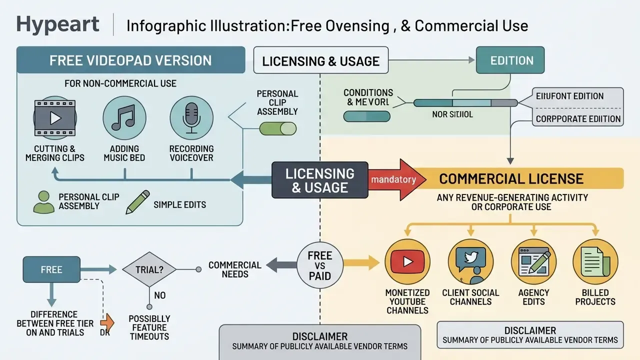 Infographic comparing VideoPad free version capabilities against commercial license requirements