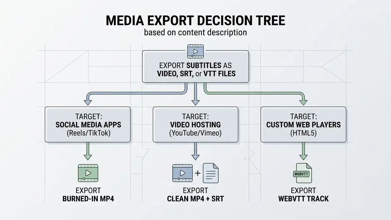 Decision tree mapping video export formats for social media, video hosting platforms, and web players