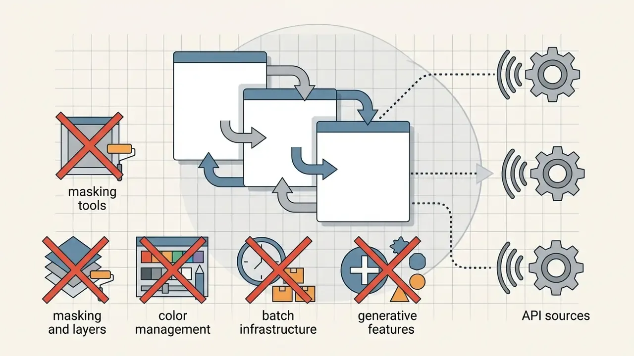 Software windows connected to external API gears with crossed out icons for local editing features