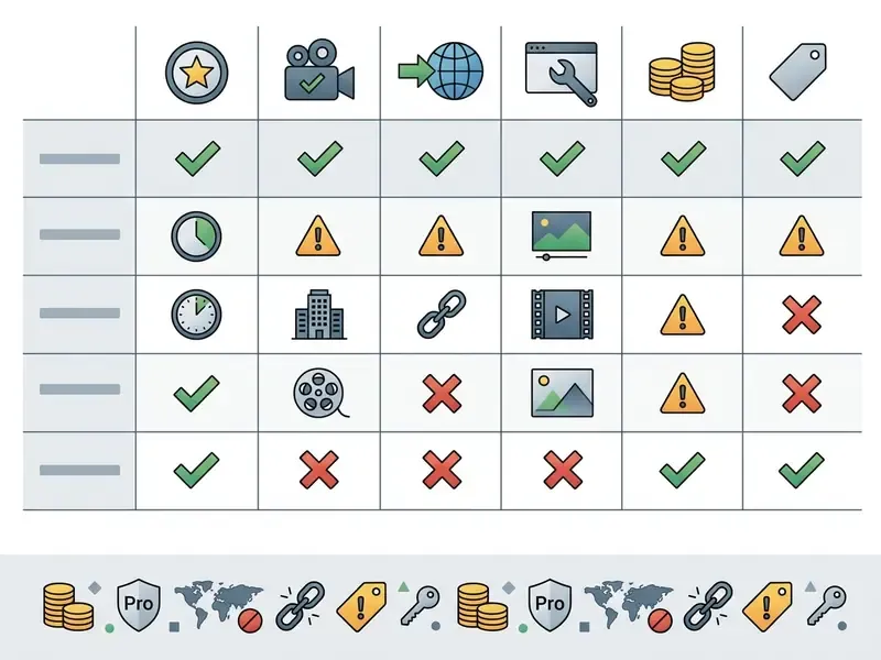 Matrix of icons depicting usage rights for media assets with green checks, yellow warnings, and red crosses