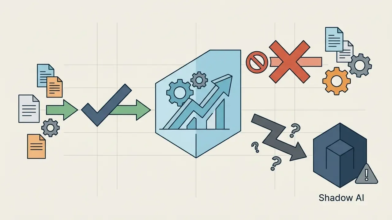 Documents and gears moving toward an approved hub while unverified paths lead to Shadow AI risks