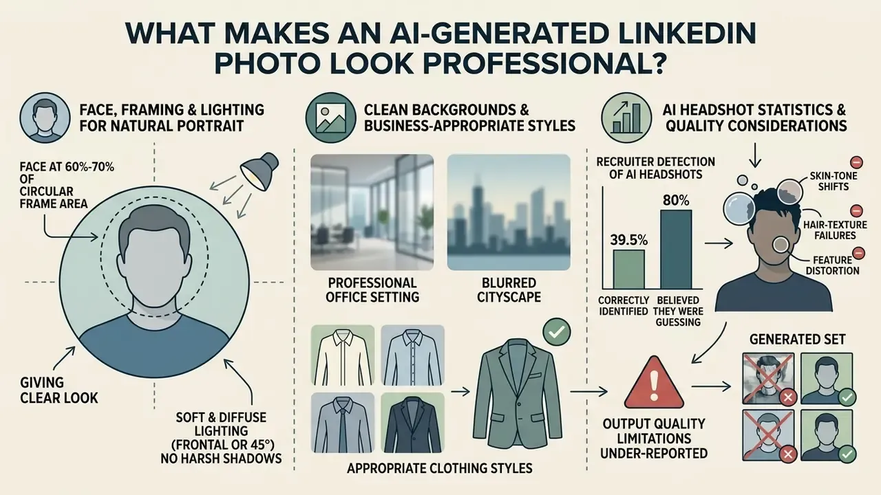 Infographic detailing optimal framing, lighting, background, and clothing for an AI LinkedIn photo generator