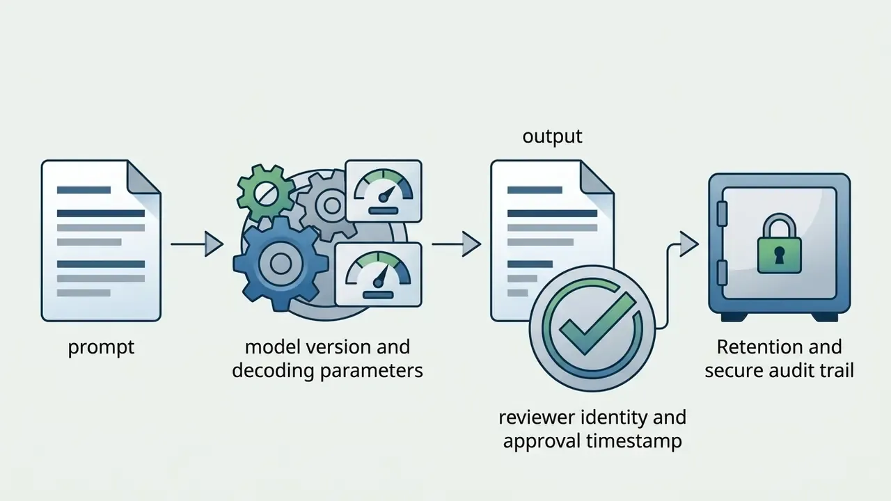 Workflow showing prompt processing through model parameters and review into a secure audit trail
