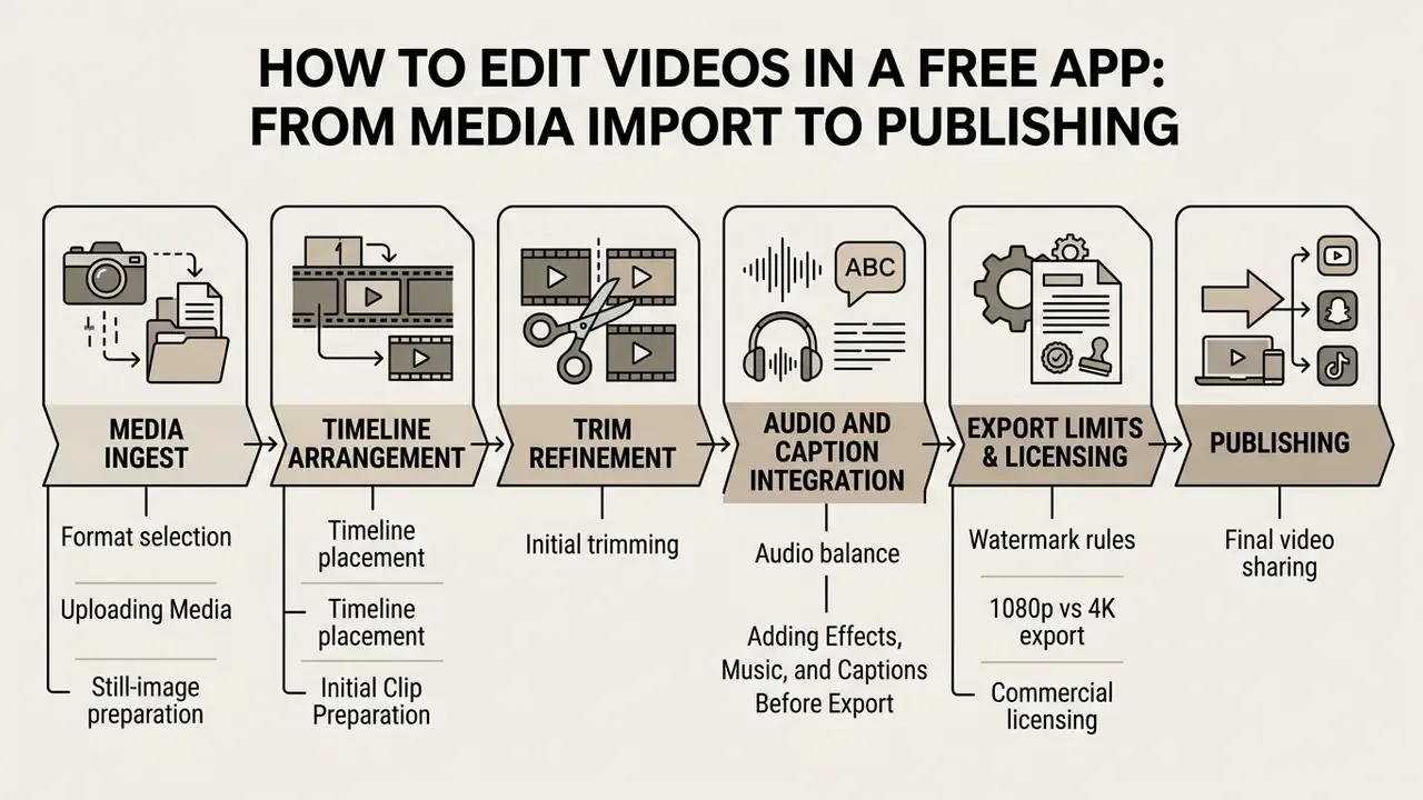 Six-step sequential process diagram detailing video production stages from media ingest to final publishing