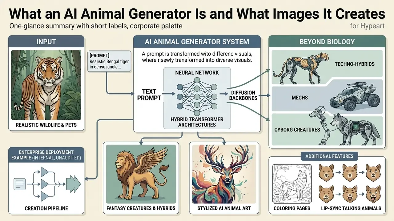 Infographic showing how a text prompt flows through a neural network to generate diverse animal images