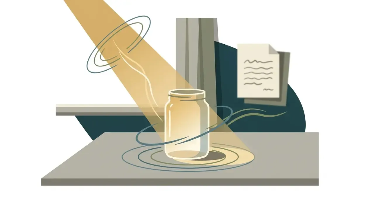 A spotlight shines on a glass jar on a table with swirling lines and a document in the background