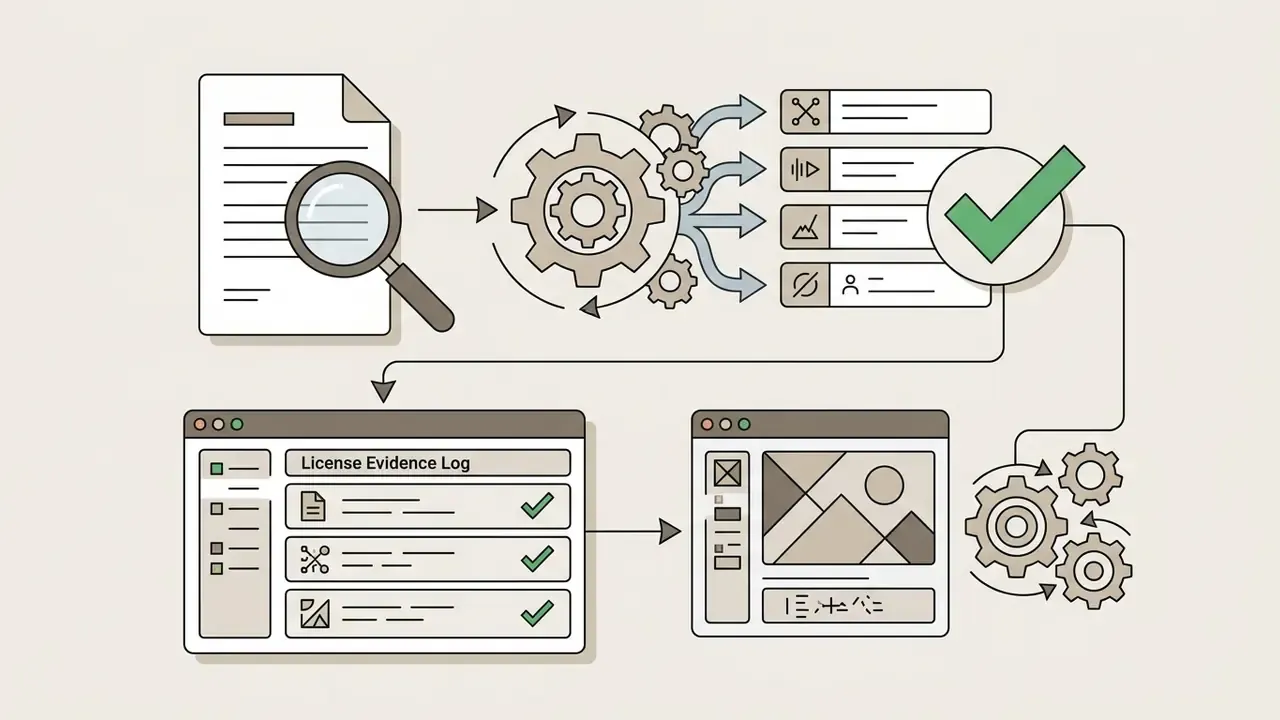 Magnifying glass inspecting a document that feeds into gears and a log for tracking project license rights