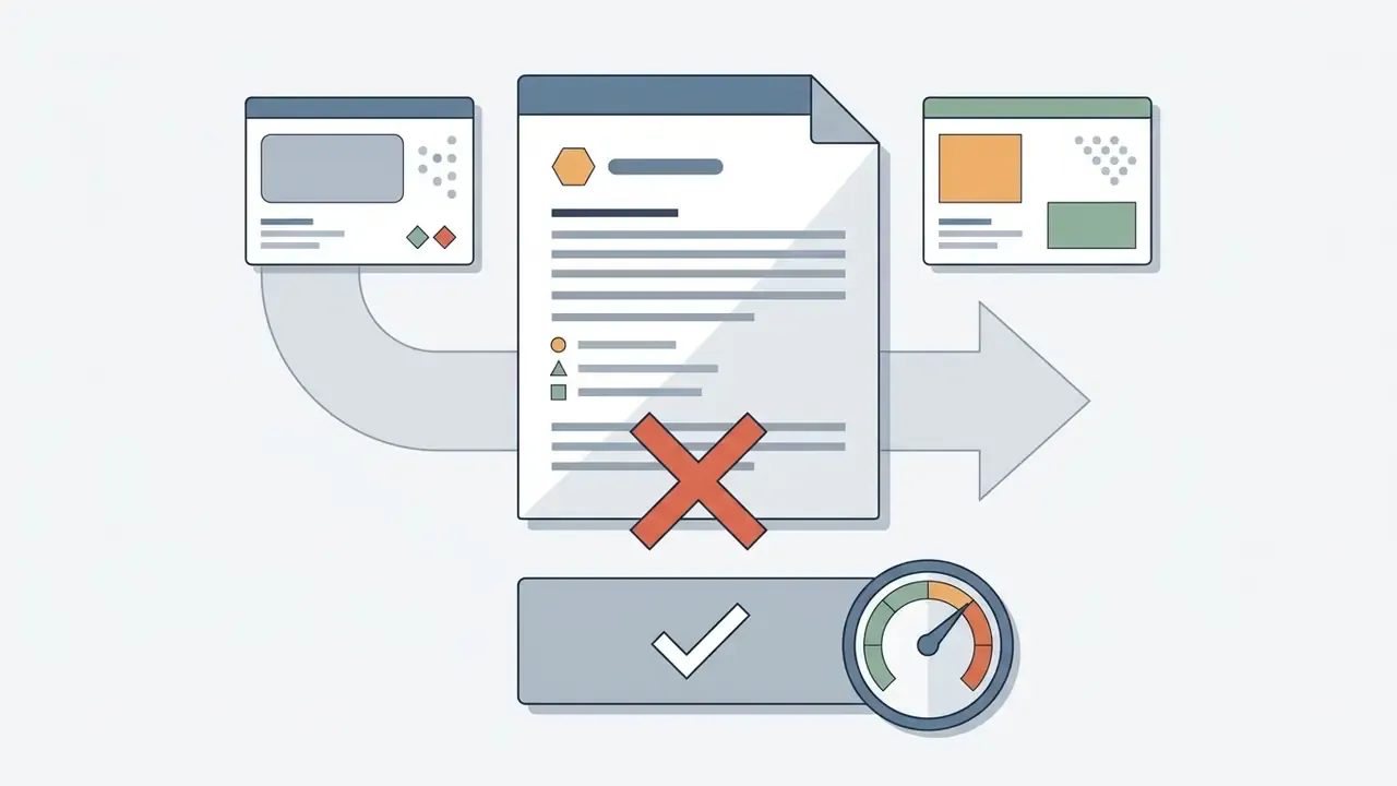 Red cross over a document transitioning to a dashboard with a checkmark and a speedometer gauge