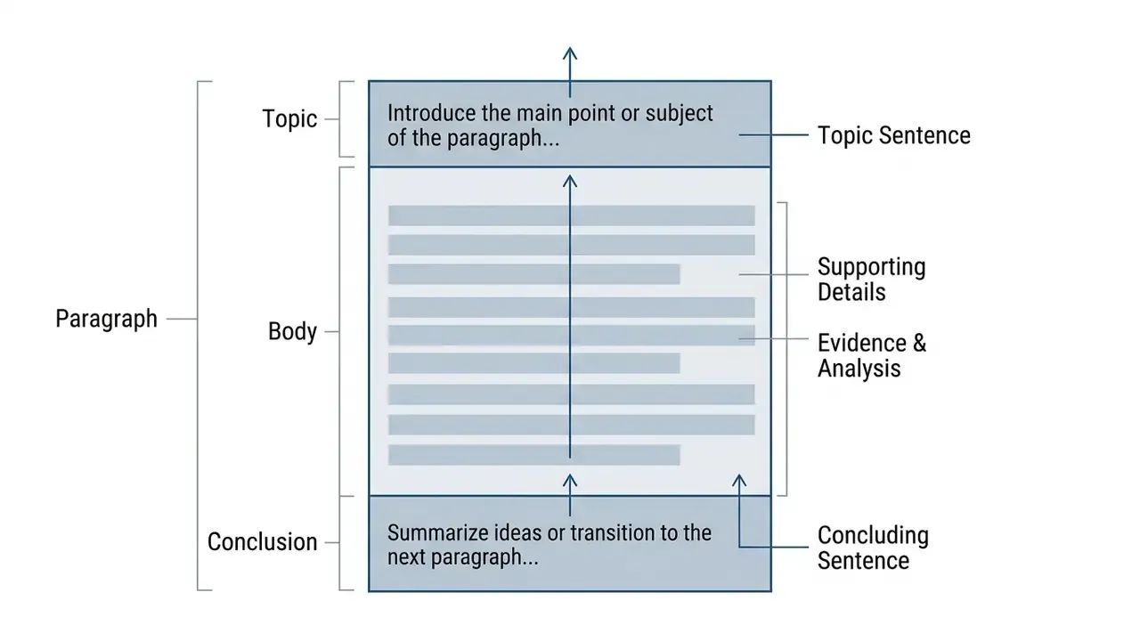 Visual breakdown of a paragraph showing its topic sentence, supporting details, and concluding sentence