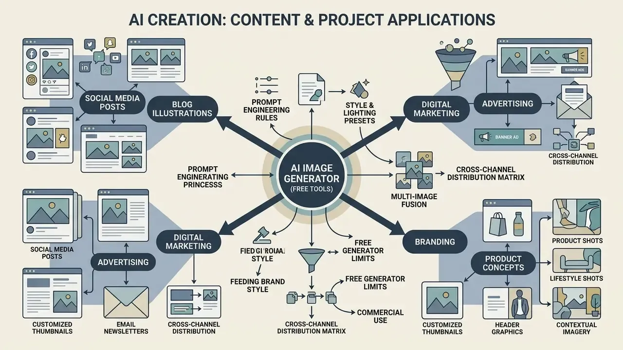 Diagram showing how AI image generators support digital marketing, branding, and content distribution