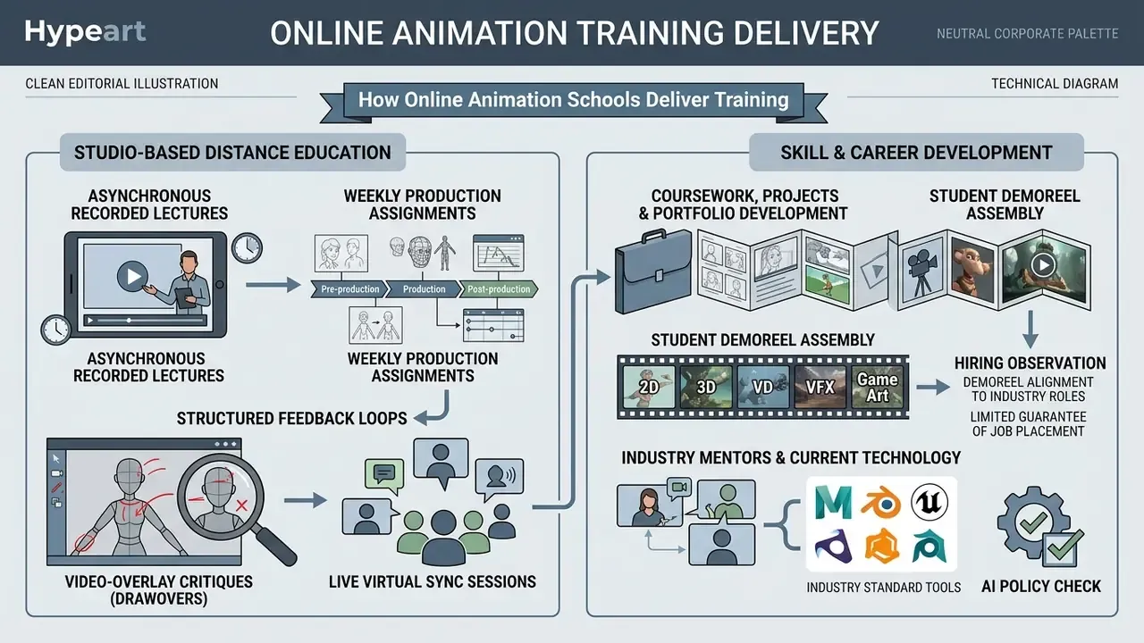 Diagram showing distance learning components like recorded lectures, feedback loops, and industry tools