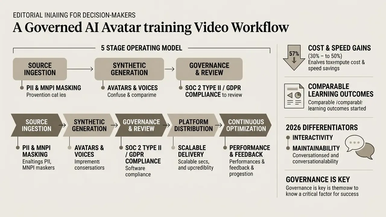 Five-stage workflow diagram showing the process of synthetic AI avatar training with key performance metrics