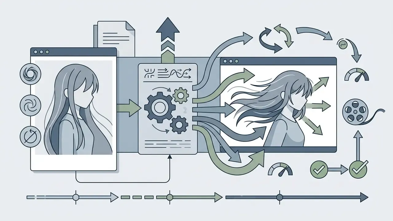 Anime character in a frame processed by gears and arrows to create motion effects in a final output
