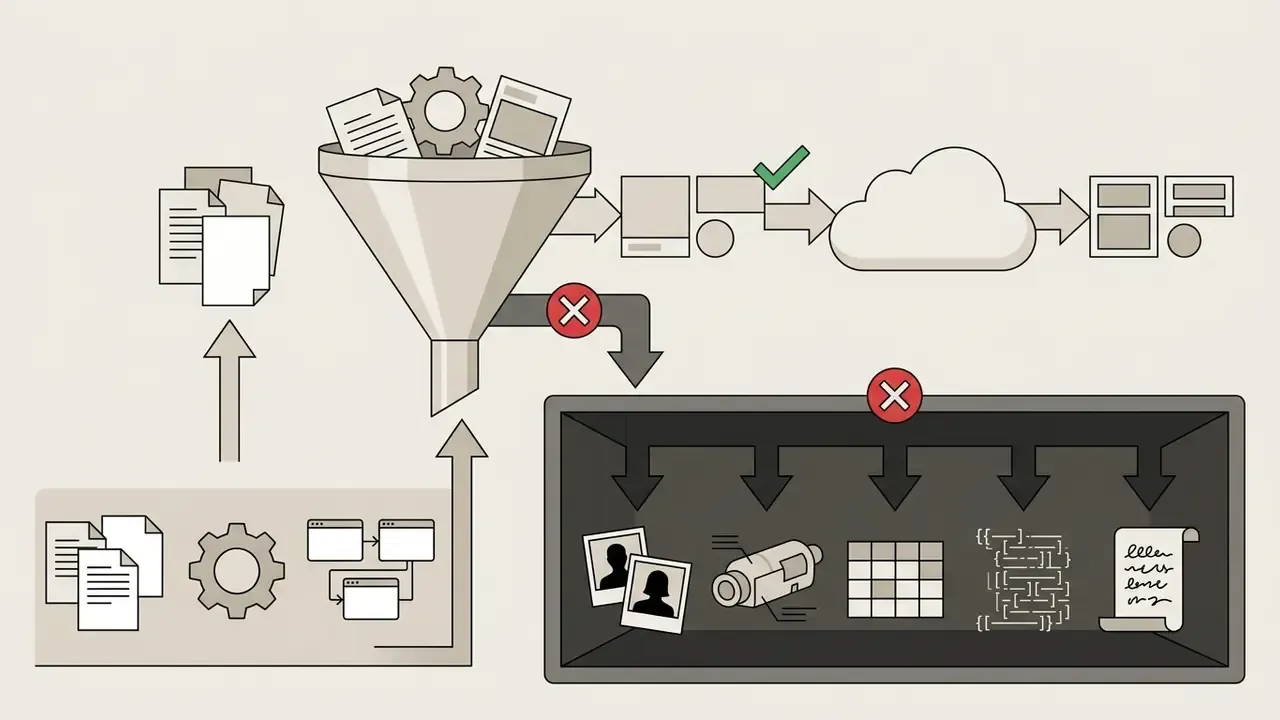 Data funnel sorting approved documents to the cloud and restricted items into a dark storage container