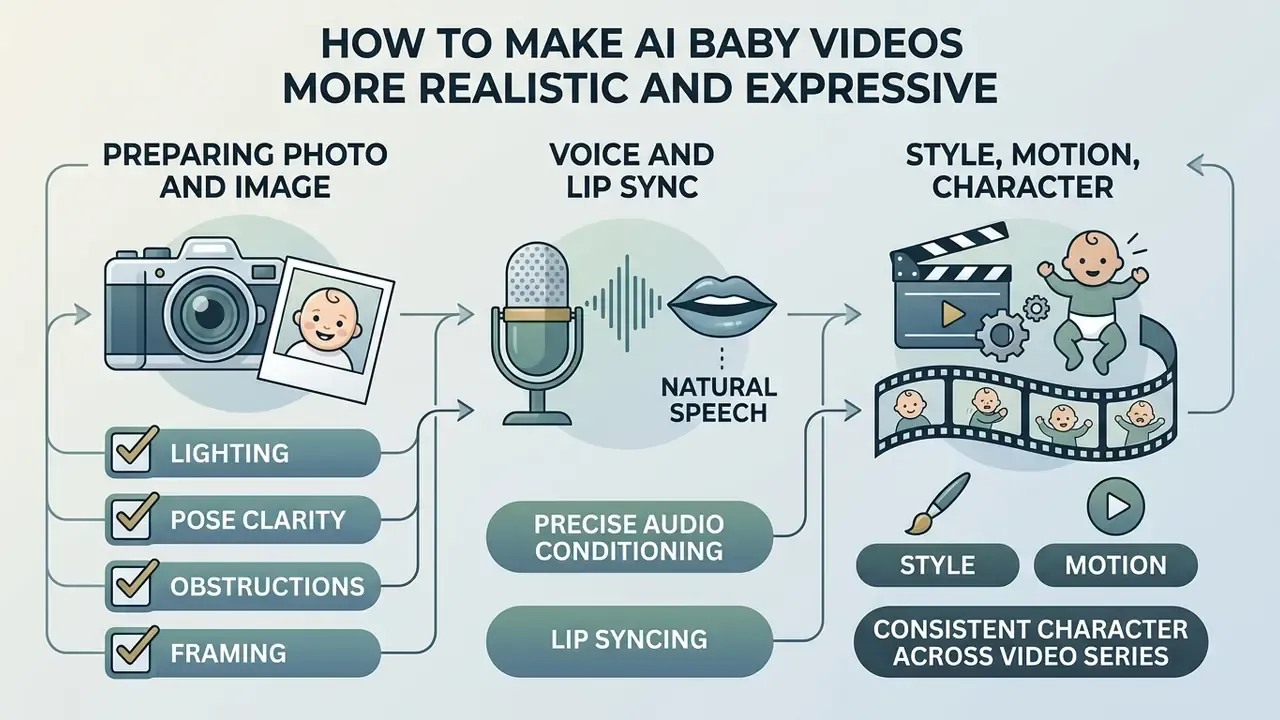Three stage process diagram covering image preparation, audio synchronization, and animated video styling