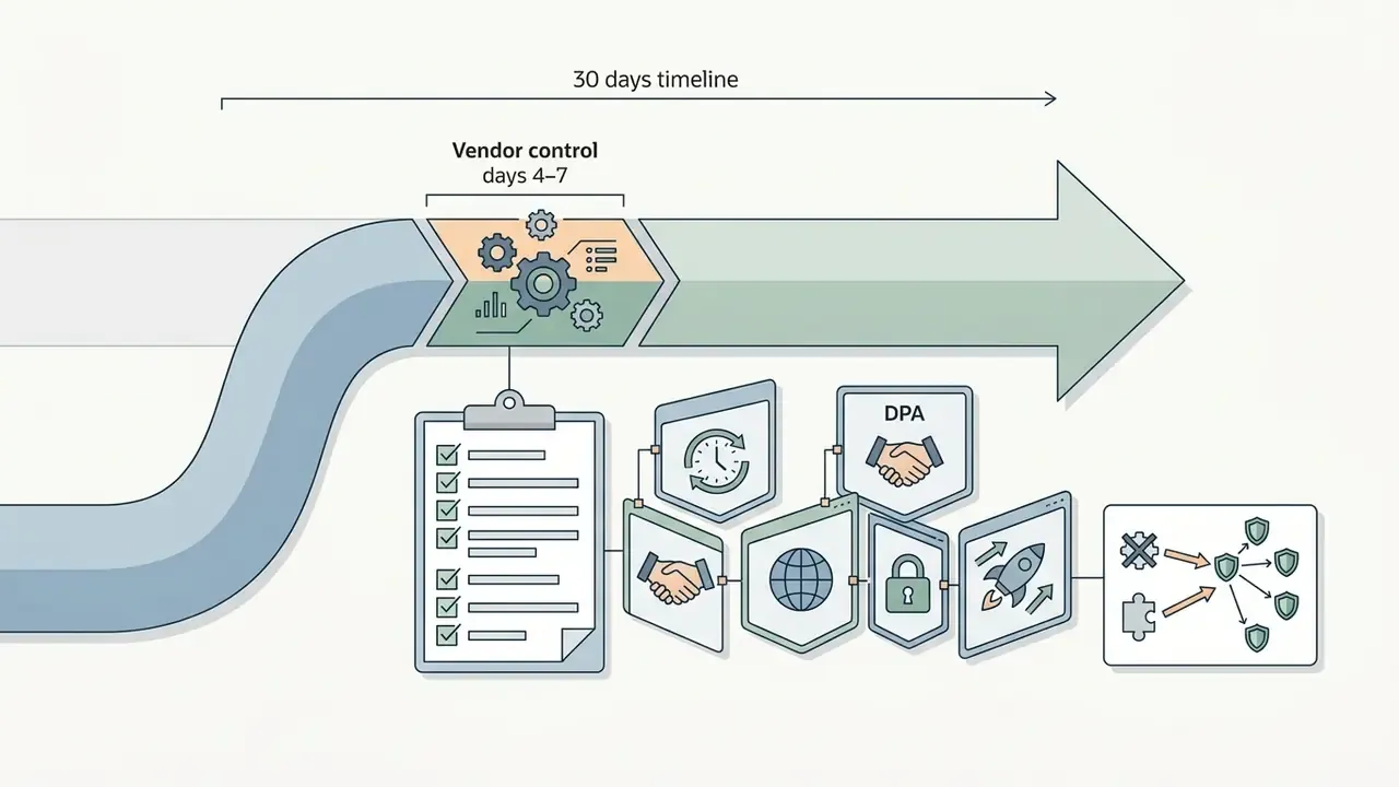 Timeline arrow showing vendor control steps with a checklist, DPA icon, and security shield network