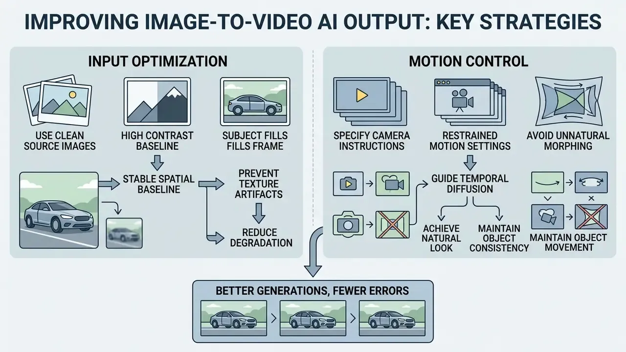 Diagram showing strategies for input optimization and motion control to improve AI video generation quality