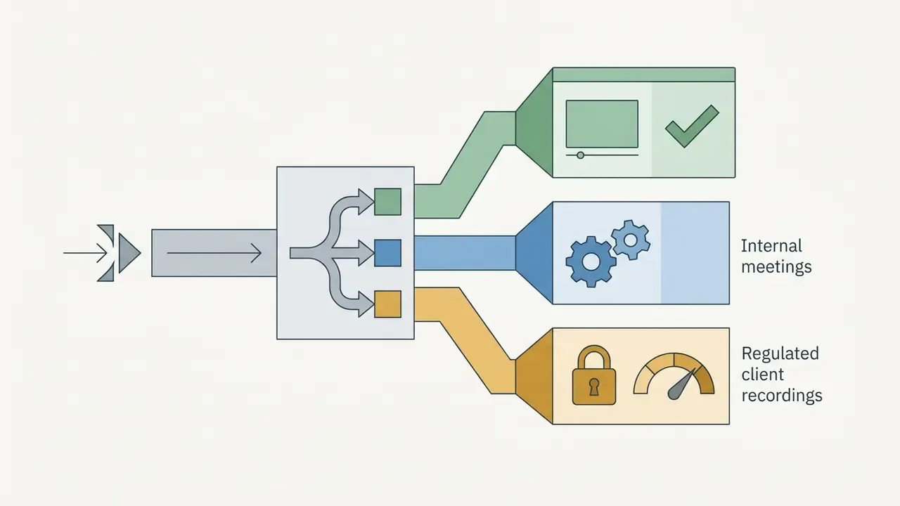 Input stream splitting into three distinct pathways for public content, internal meetings, and client data