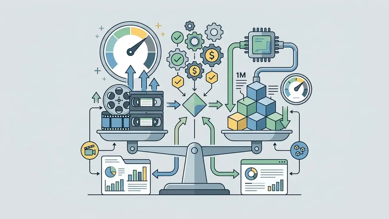 Balance scale weighing video media against tokenized data blocks with cost and performance indicators