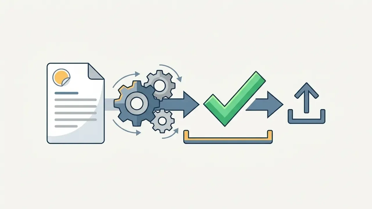 Document with a sticker icon moving through rotating gears toward a green checkmark and an upload button