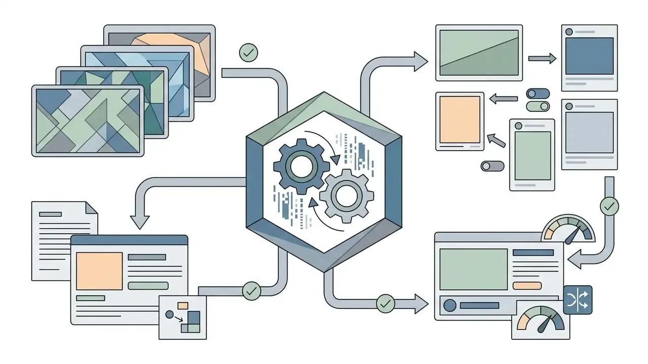 Diagram showing the generation of marketing assets and social media content from a central processing hub