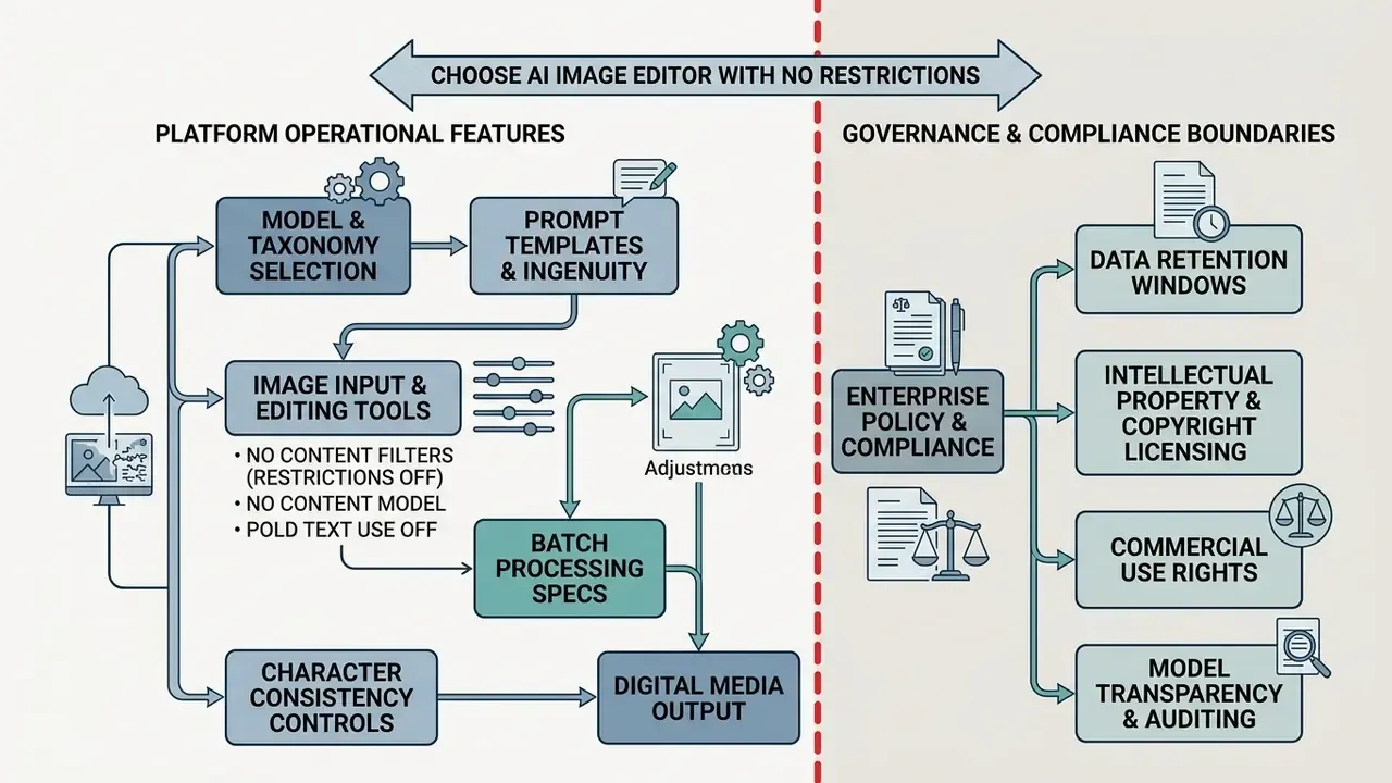 Flowchart comparing AI image editor operational features with governance and compliance boundaries