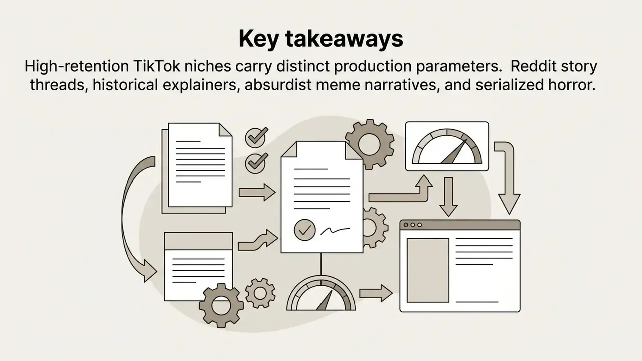 Documents and gears connecting to speedometers and a browser window for content production workflows
