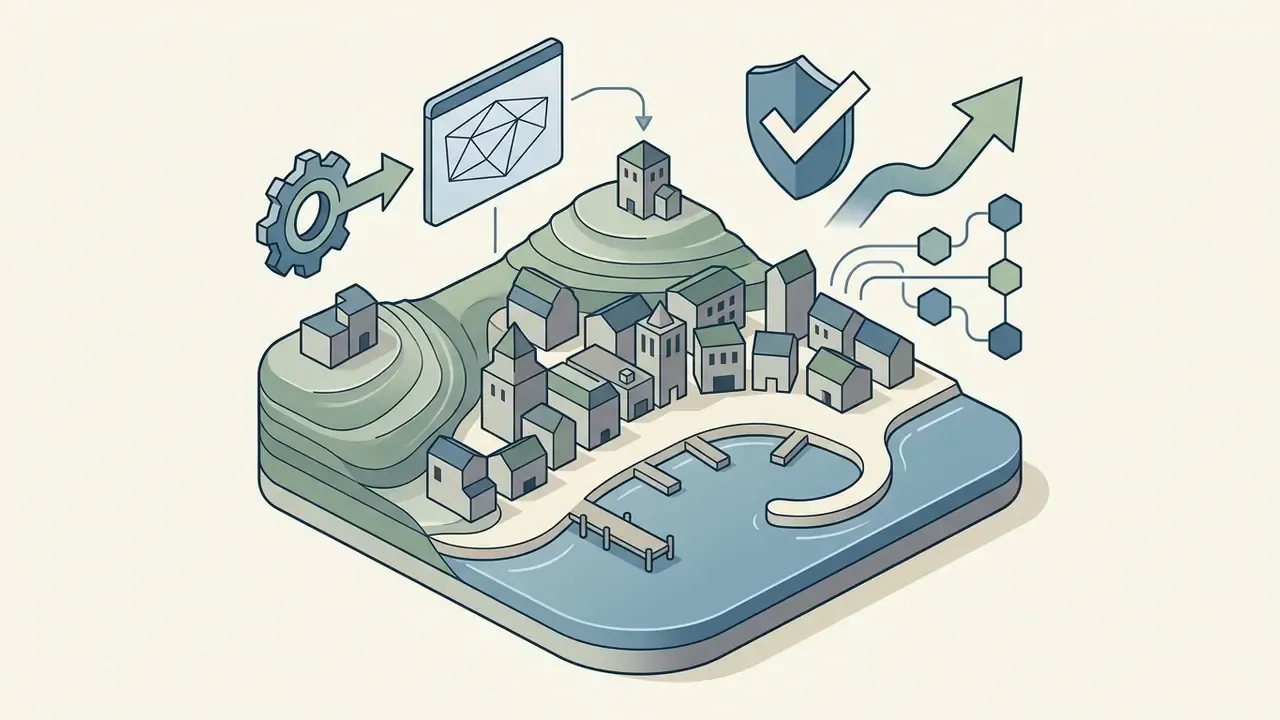 Isometric harbour town diorama with gear, wireframe, and data icons representing 3D model generation