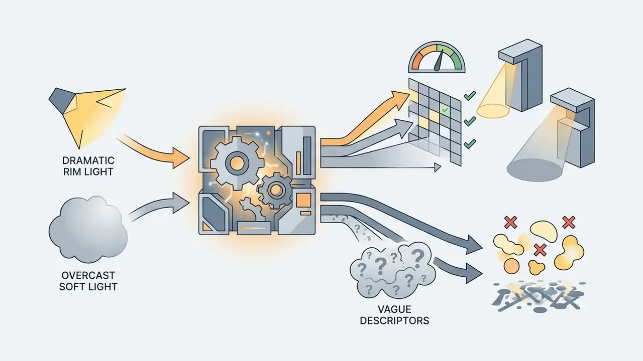 Lighting inputs feeding into a central gear mechanism to produce either specific light effects or vague results
