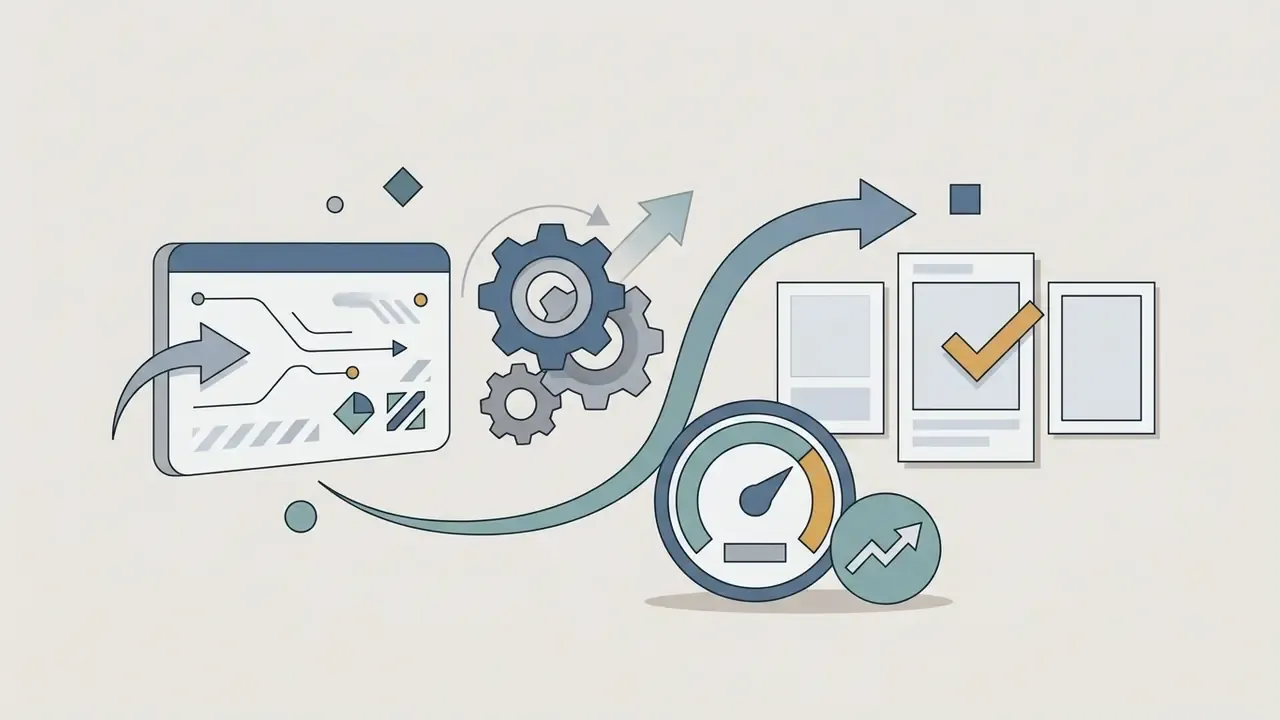 Digital interface processing data through gears and a speedometer to produce finished marketing assets