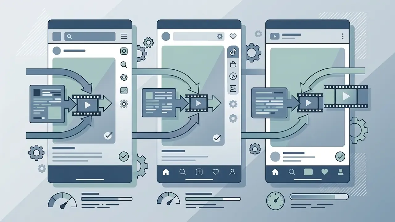 Mobile phone interfaces processing digital content into vertical video formats for social media platforms