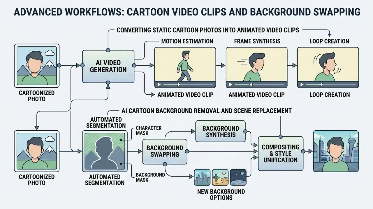 Flowchart showing AI processes for animating cartoon photos and performing background replacement