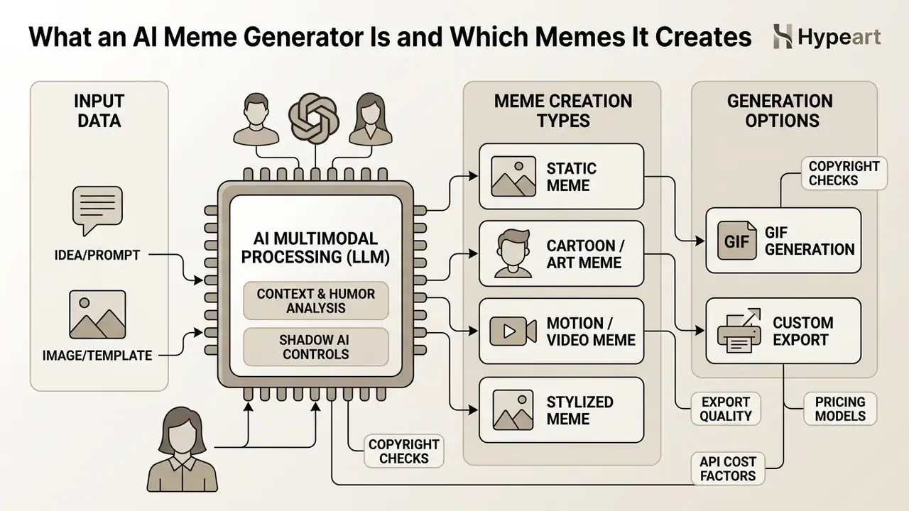 Flowchart showing how AI multimodal processing transforms input data into various meme creation types