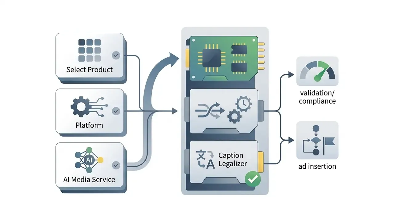 Inputs for products and services connecting to a hardware module for caption compliance and ad insertion