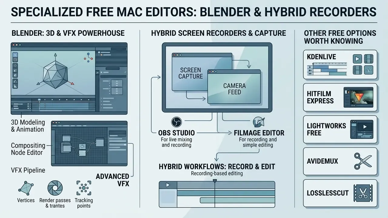 Summary of free video editing software for Mac featuring Blender, hybrid screen recorders, and other tools