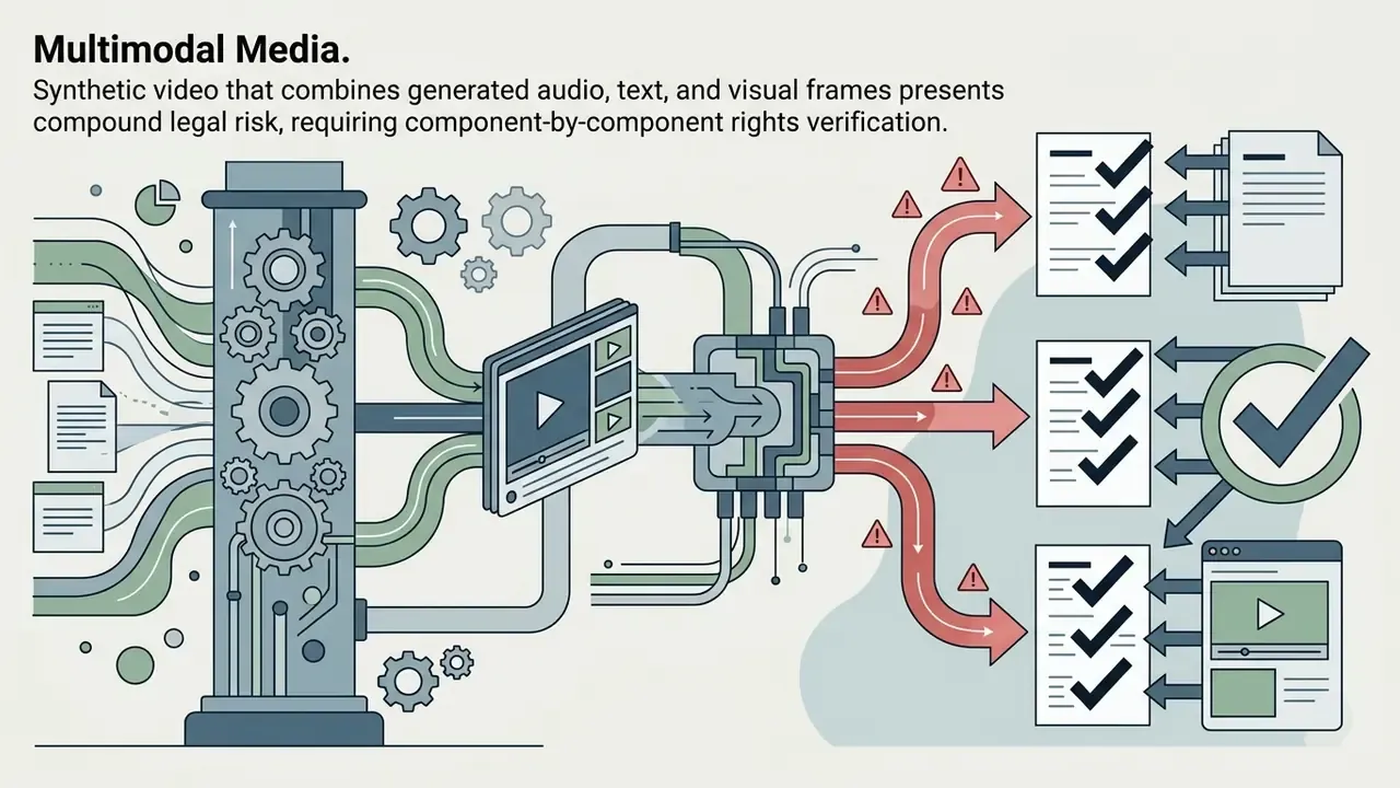 Media inputs feeding into a gear system and processor that routes content through risk alerts to checklists