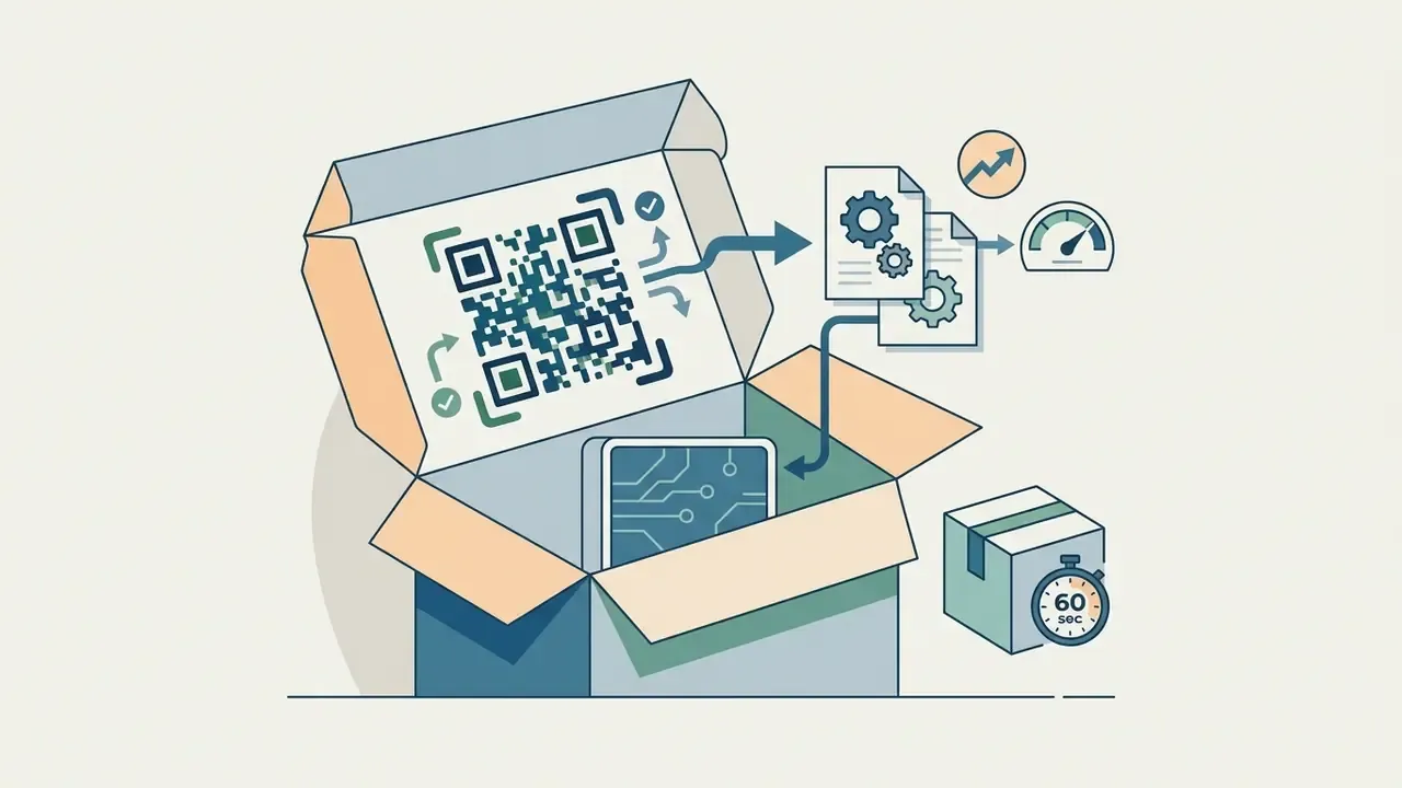 Open box with a QR code on the flap linking to setup documents and a 60-second configuration process