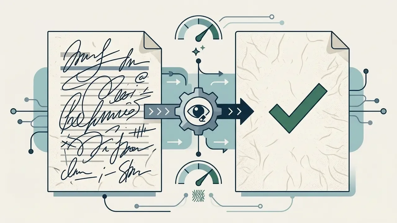 Document with handwritten ink being processed by an AI gear mechanism to remove text and preserve paper grain