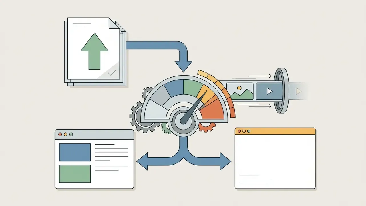 A gauge icon connected to document uploads and video output representing a credit usage tracking system