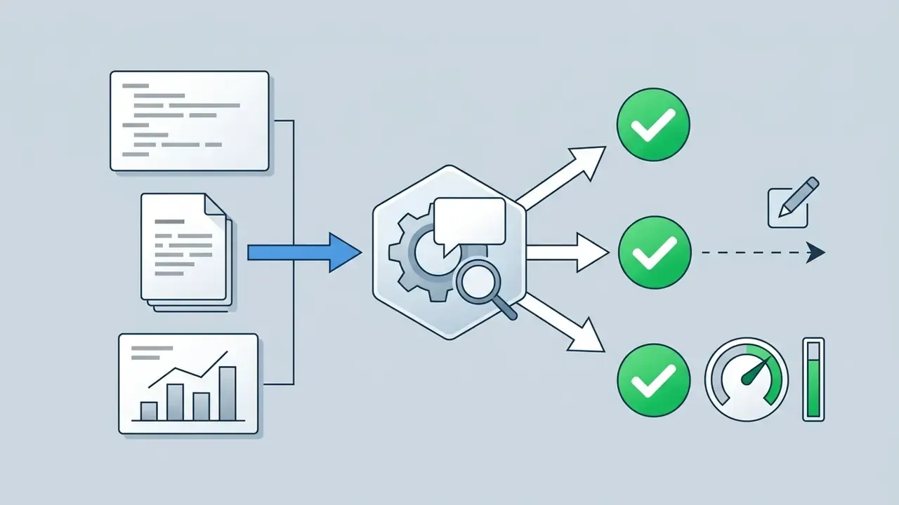 Data inputs feeding into a central processing hub that generates verified outputs and performance metrics