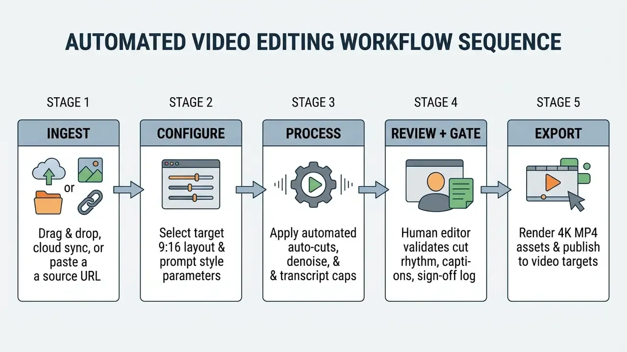 Five sequential stages covering video ingestion, configuration, automated processing, review, and export