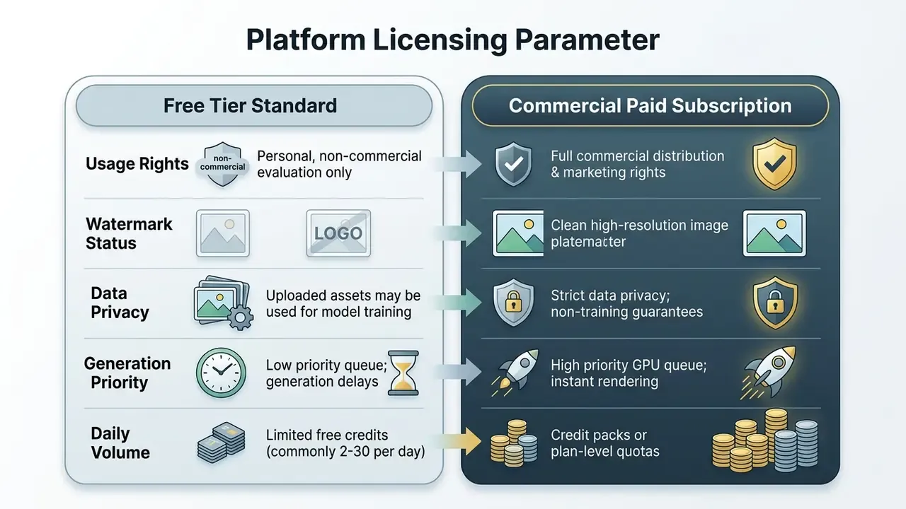 Comparison table contrasting features and benefits between free and commercial subscription tiers