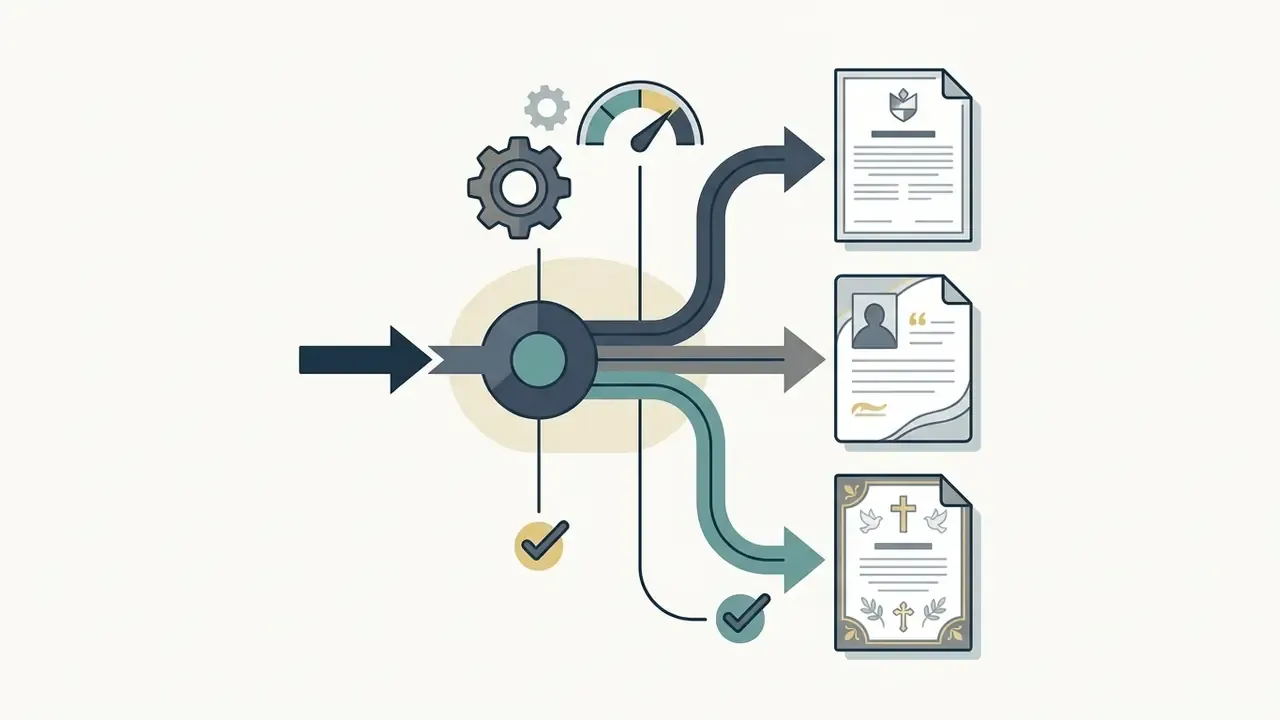 Central processing hub directing data into formal, personal, and faith-based document templates