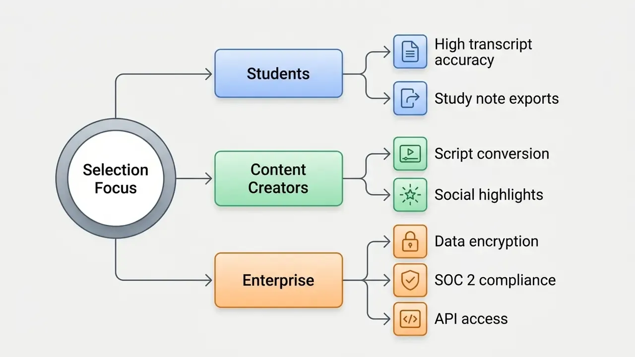 Selection focus branching into specific features for students, content creators, and enterprise users