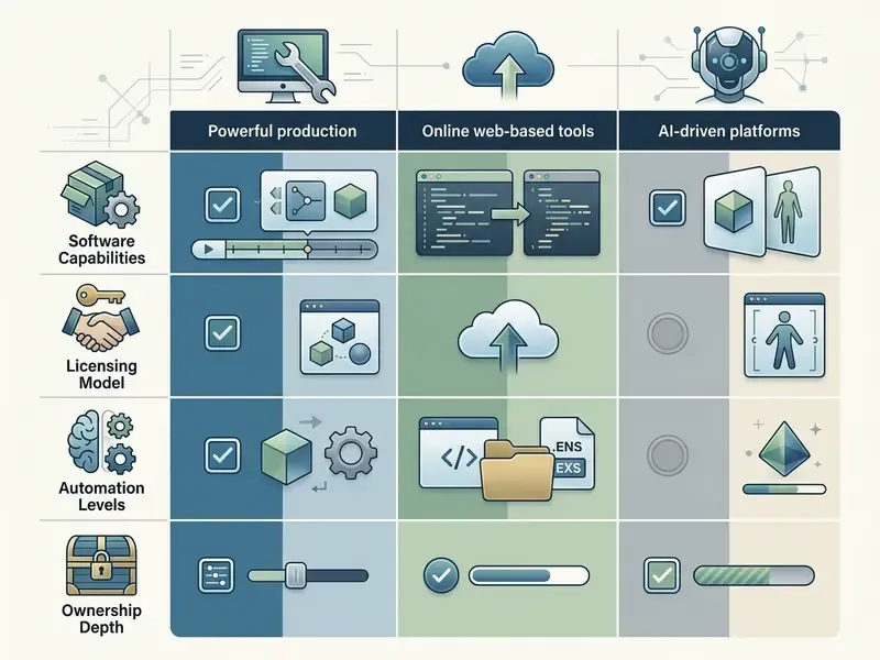 Comparison table evaluating production software, web tools, and AI platforms across four key categories