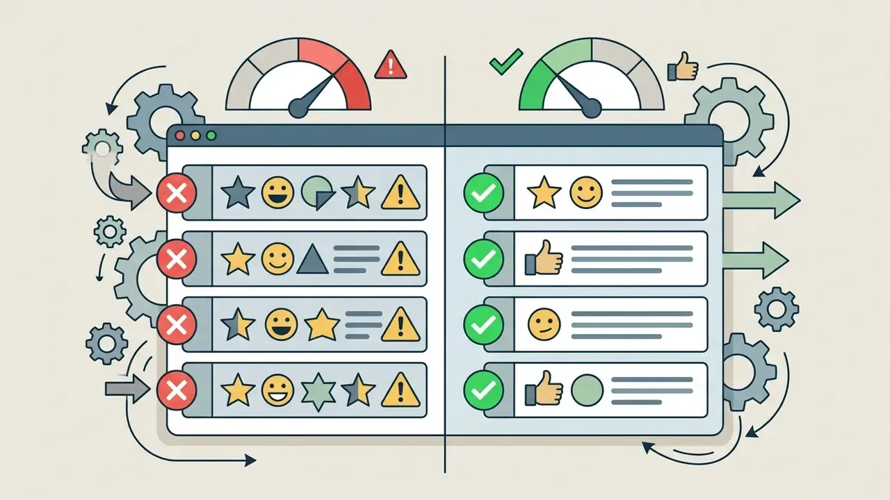Split screen comparing dense emoji lists with red warning gauges to clean lists with green success gauges