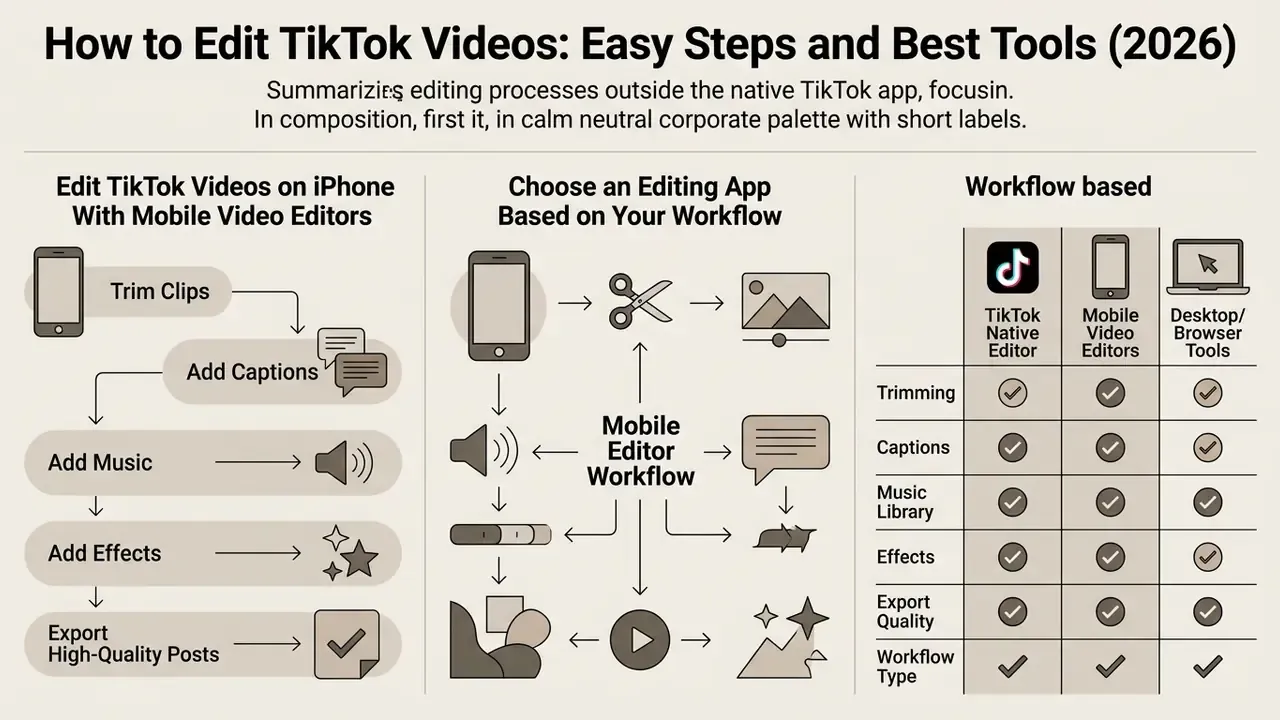 Infographic summarizing mobile editing workflows and comparing features across TikTok, mobile, and desktop tools