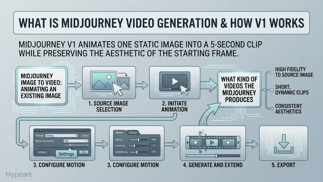 Step-by-step diagram showing the process of using Midjourney video generation to animate static images